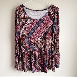 Cupio Boho Peplum Hem Long Sleeve Blouse